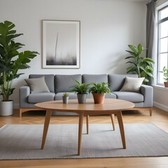 A wooden table in the foreground with a potted plant , with a living room in the background featuring a gray sofa and a large window.