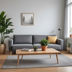 A wooden table in the foreground with a potted plant , with a living room in the background featuring a gray sofa and a large window.