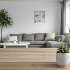 A wooden table in the foreground with a potted plant , with a living room in the background featuring a gray sofa and a large window.