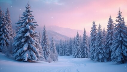 Tranquil snow covered pine forest at dusk with falling snowflakes and pastel sky