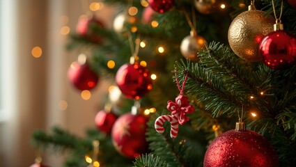 Festive Christmas tree with red gold ornaments twinkling lights and candy canes