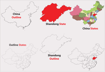 Shandong map vector of China, Shandong line map, Shandong with city map, Shandong outline map