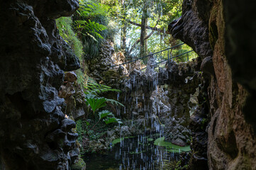A serene waterfall cascades into a tranquil pond surrounded by lush greenery