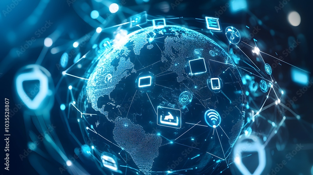 Poster tech devices and icons connected to digital planet earth.