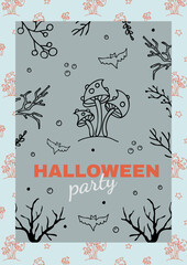 Hand drawn Halloween gray-blue poster in doodle style. Line illustrations of mushrooms, berries, branches, bats. Great for posters, flyers, banners, greeting cards, invitations.