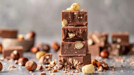 Hazelnut milk chocolate cubes with pieces of nuts. Tower made of stacked hazelnut chocolate cubes...