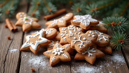 Festive gingerbread cookies on wooden table with cinnamon and pine