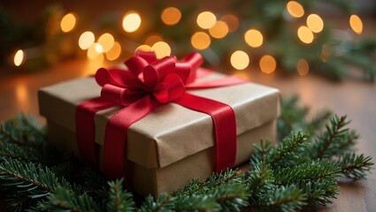 Festive gift box with red ribbon on pine branches with twinkling lights