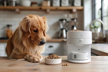 A golden retriever sits on a wooden countertop, attentively looking at an automatic pet feeder...
