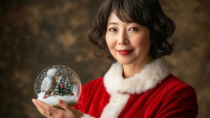 Naklejka premium 雪のグローブを持つサンタの大人女性