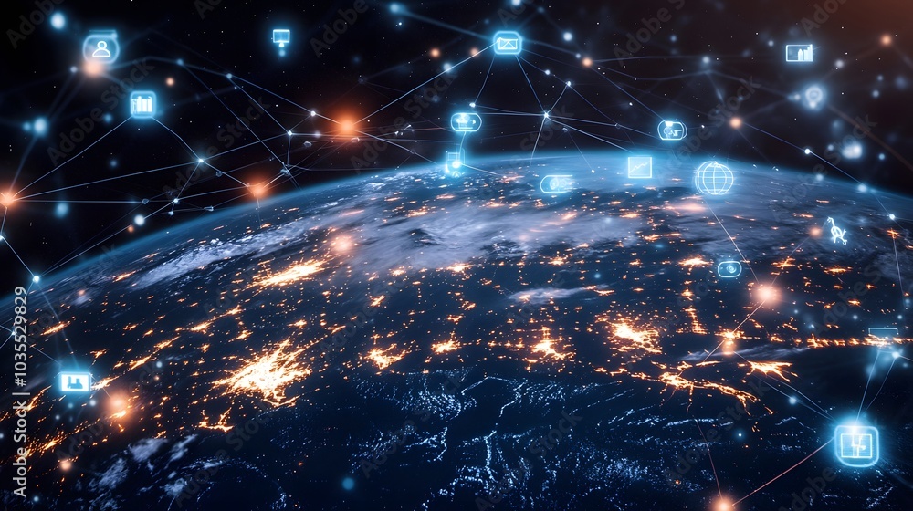 Poster tech devices and icons connected to digital planet earth.
