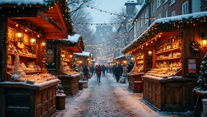 Festive Christmas market with stalls string lights and snowfall