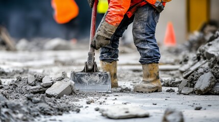 Fototapeta premium A construction worker using a jackhammer to break up old concrete for demolition and removal, Demolition preparation scene, Concrete removal style