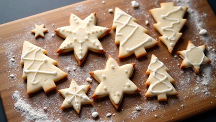 Festive Christmas cookies on wooden board with flour