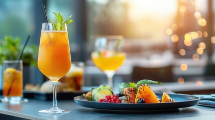 Fototapeta premium Spooky Brunch Delights: Halloween-Themed Bar Event with Festive Drinks and Playfully Decorated Plates