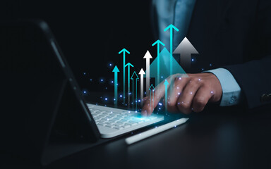 Business growth, Progress or success concept, Businessman use tablet showing a growing virtual...
