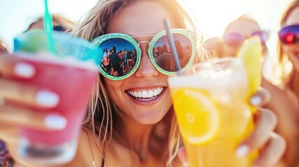 Capturing Fun Memories: Close-up of Friends Taking Selfies with Drinks at Party