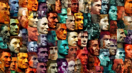 Fototapeta premium Vibrant abstract collage of diverse human faces in various sizes and shapes, layered creatively to symbolize the richness of the human race and its interconnectedness