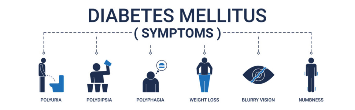 Diabetes Mellitus Symptoms banner with polyuria, polydipsia, polyphagia icon concept illustration