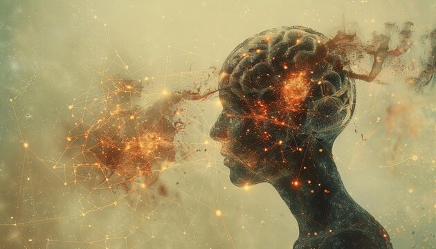 Abstract image of human head with exploding brain, symbolizing creativity and chaos, in a surreal digital art style.