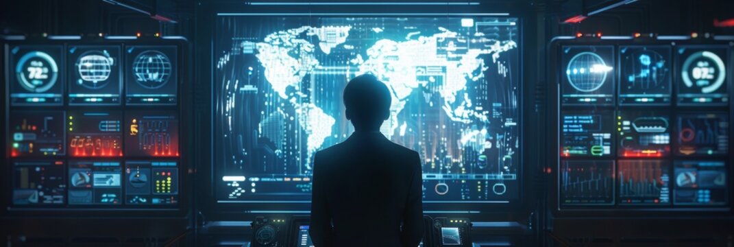 Head of the project manager monitoring and control automation robot arms machine with virtual interface. Concept of industry 4.0 technology and smart futuristic factory. 3d rendering - Powered by Adobe