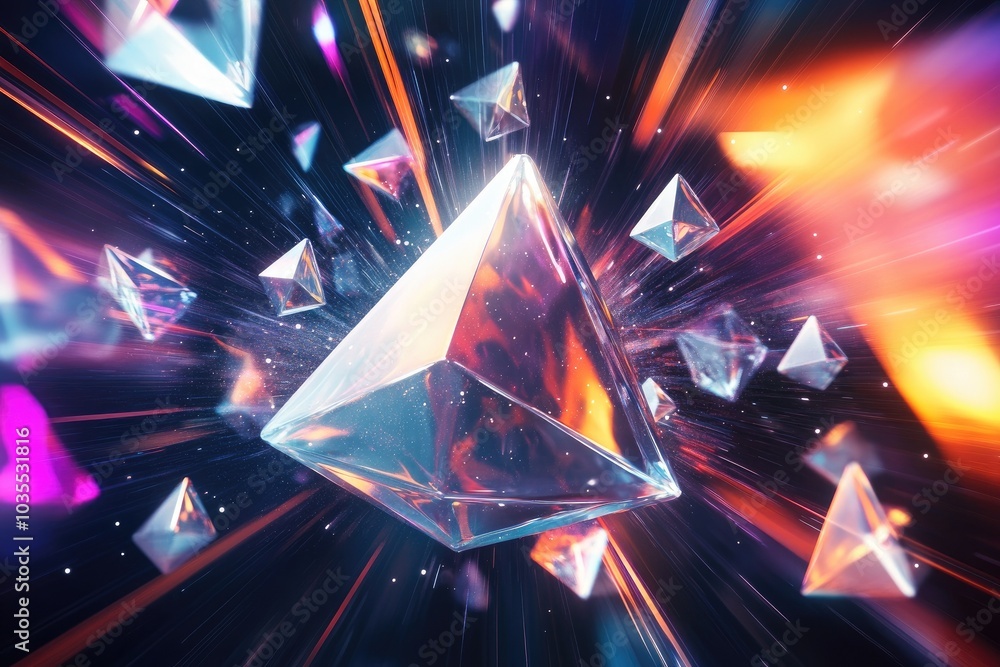 Poster a dazzling display of transparent crystals exploding in vibrant colors, perfect for backgrounds or d