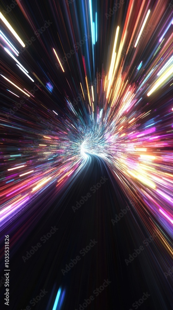 Poster a dynamic explosion of light and color, creating a sense of motion through vibrant streaks and radia