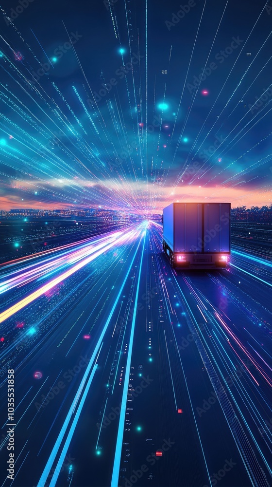 Poster a dynamic image of a truck driving fast, illuminated by colorful light trails, conveying speed and m
