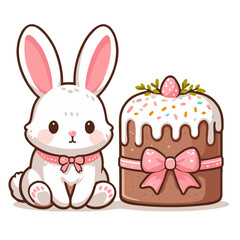 Obraz premium Easter bunny and Easter cake with a bow, festive spring clipart, PNG