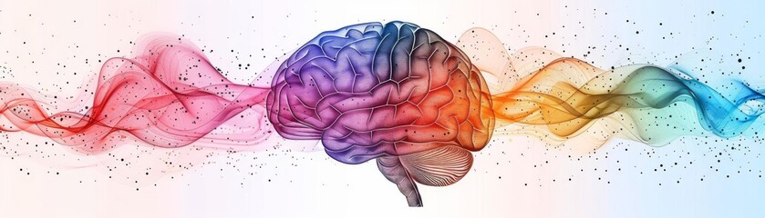 Colorful illustration of a brain with vibrant waves of color, representing creativity, cognitive functions, and neural activity.