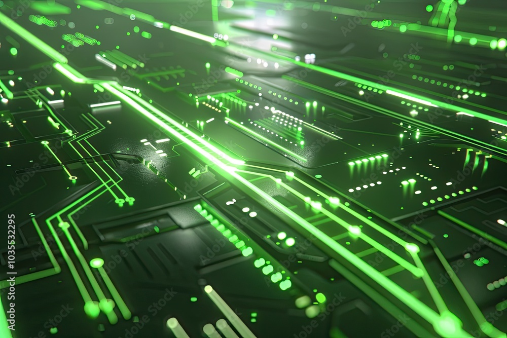 Poster abstract close-up of a green circuit board with intricate pathways and glowing elements, representin
