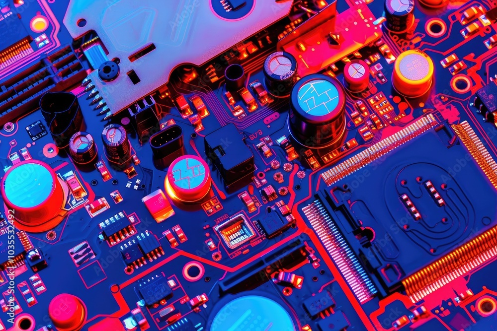 Poster close-up of a colorful printed circuit board, showcasing intricate electronic components and vibrant