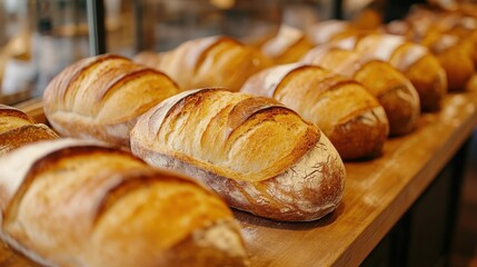 Artisanal Freshly Baked Bread Loaves Perfectly Lined Up in a Traditional Bakery Setting