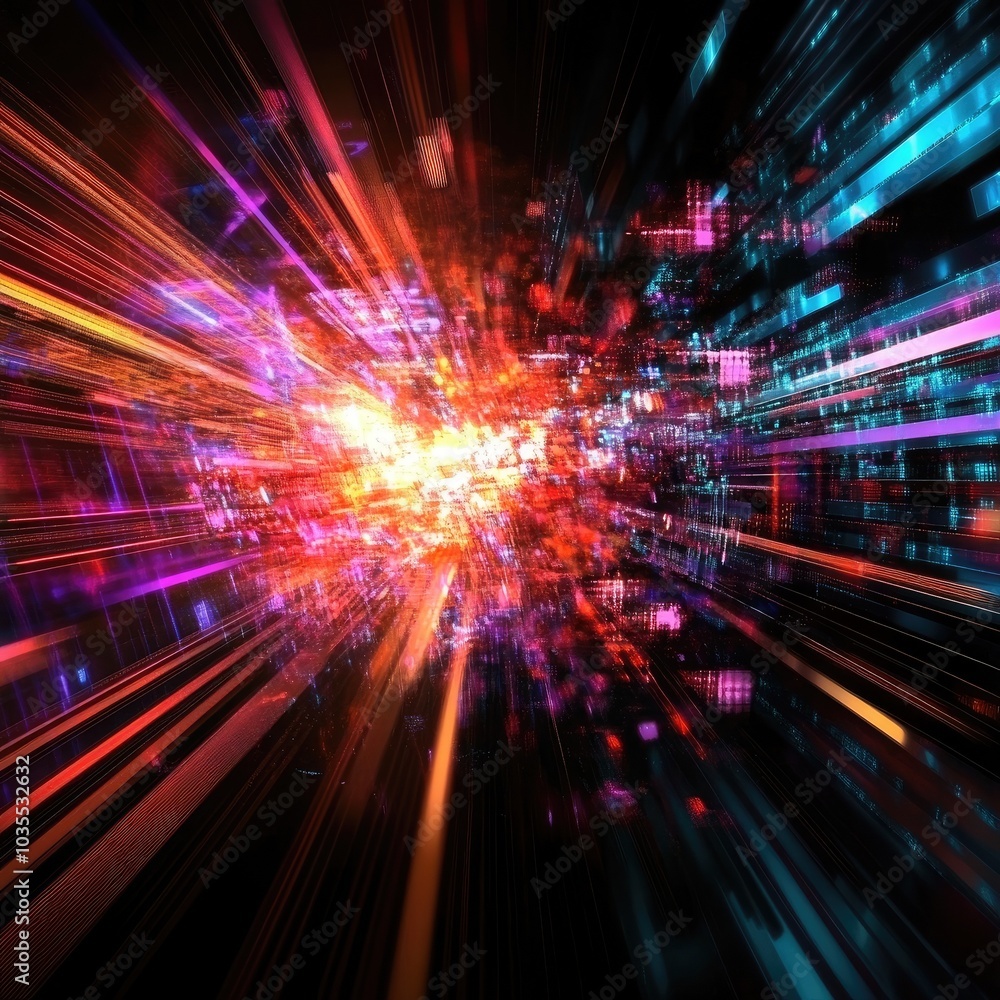 Poster dynamic explosion of colorful light and energy, creating a vibrant digital atmosphere for creative p