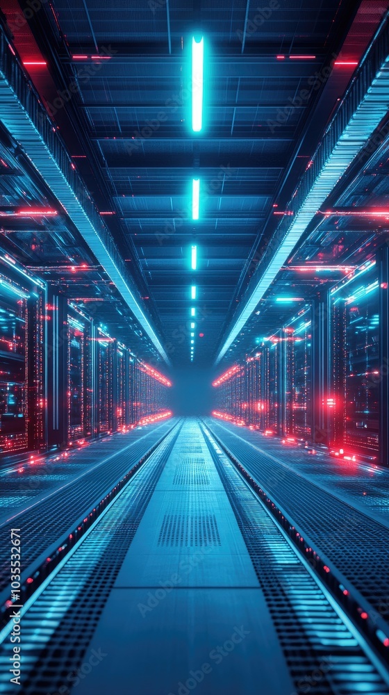 Poster futuristic data center with illuminated pathways, showcasing advanced technology and server infrastr