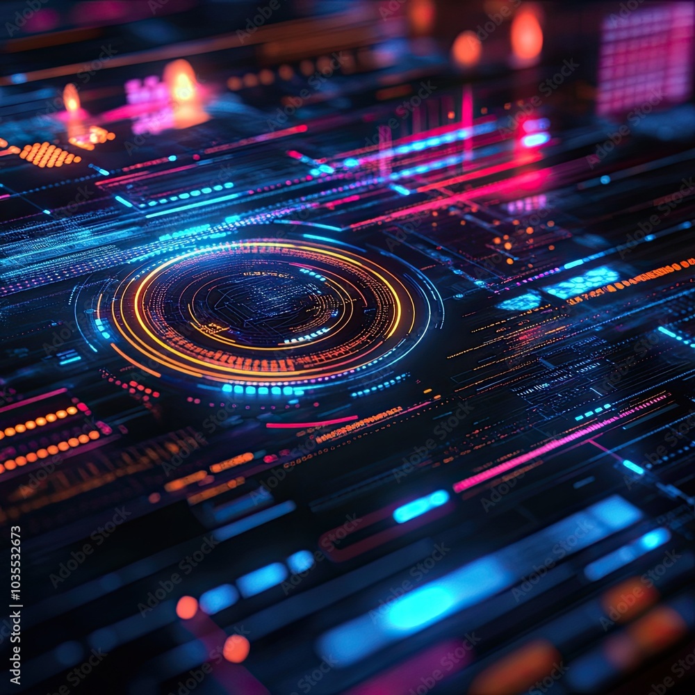 Poster futuristic digital abstract background with vibrant neon colors and geometric patterns, ideal for te