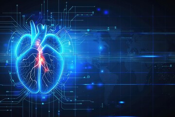 Digital heart with glowing circuits on a dark background, representing health technology.