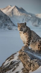 Fototapeta premium Majestic Predator Spotted Coat Rocky Ledge Snow Leopard Nature Snow Mountain Himalayas Wildlife
