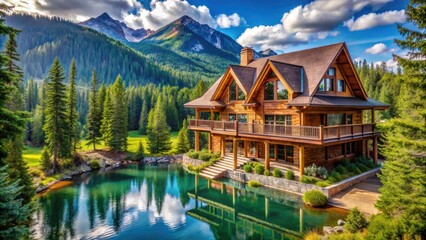 A secluded wooden cabin nestled amidst towering pines and a reflecting pond, creating a tranquil and idyllic retreat in a majestic mountainous landscape.
