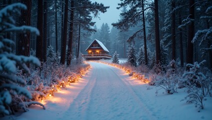 Enchanted snowy forest path to cozy cabin with Christmas lights