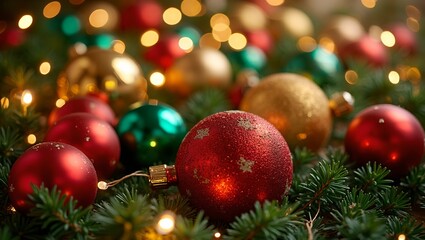 Obraz premium Vibrant Christmas ornaments on pine branches with fairy lights