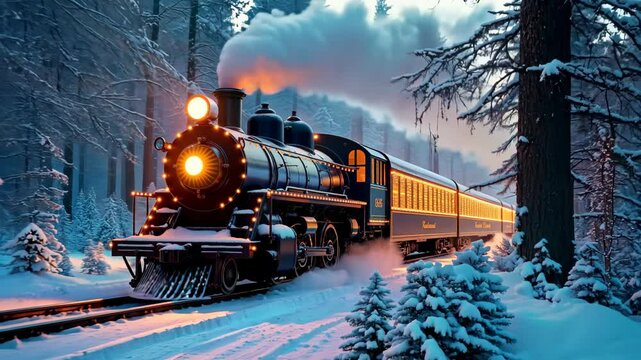 Steam train with glowing lights traveling through a snowy forest on a winter evening