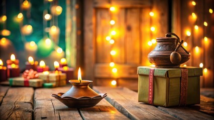 Obraz premium Warm Candlelight Illuminates a Rustic Tabletop Scene with a Clay Pot and a Wrapped Gift, All Set Against a Blurred Background of Twinkling Lights