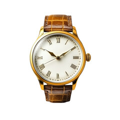 Elegant Gold Watch with Brown Leather Strap Isolated on Transparent Background