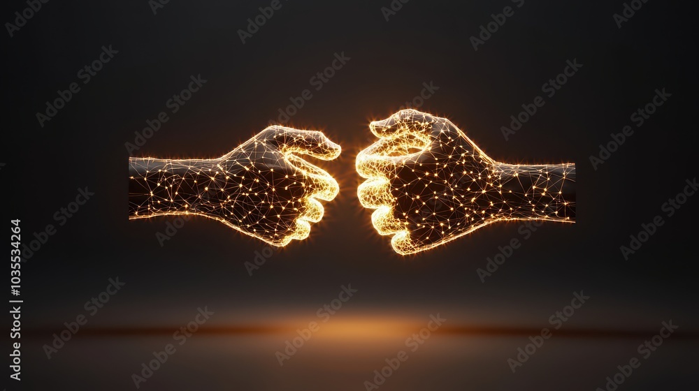 Poster two glowing hands reaching towards each other, symbolizing connection and collaboration in digital w