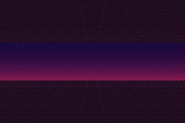 Retro Futurism Sci-Fi Background. glowing neon grid. and stars from vintage arcade computer games	