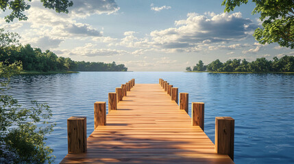 Obraz premium A charming wooden pier extending into a lake, perfect for a summer evening.