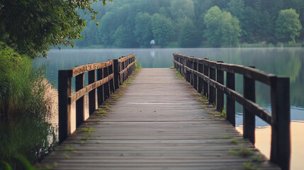 Fototapeta premium A charming wooden pier extending into a lake, perfect for a summer evening.