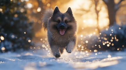 Keeshond Running Through a Snowy Park