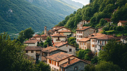 Fototapeta premium A charming village nestled in the foothills, surrounded by greenery.
